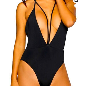 Frederick’s of Hollywood One Piece Swimwear Sexy Swimsuit High Cut Deep-V size L